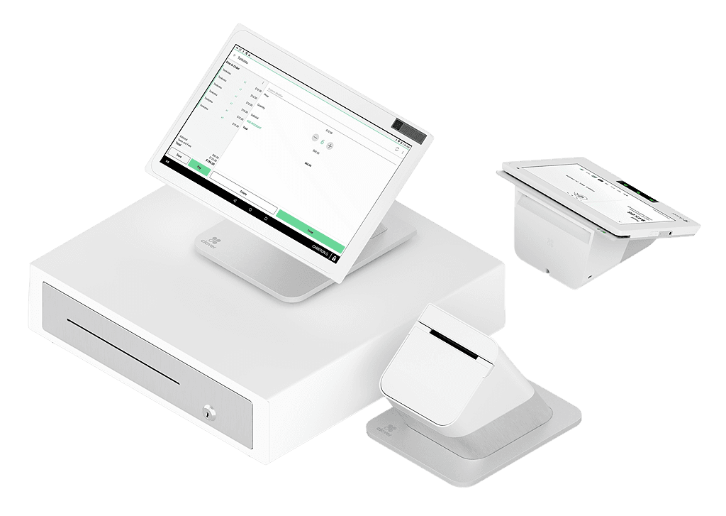 A white point of sale station with a touchscreen register on a cash drawer, a receipt printer, and a customer facing display