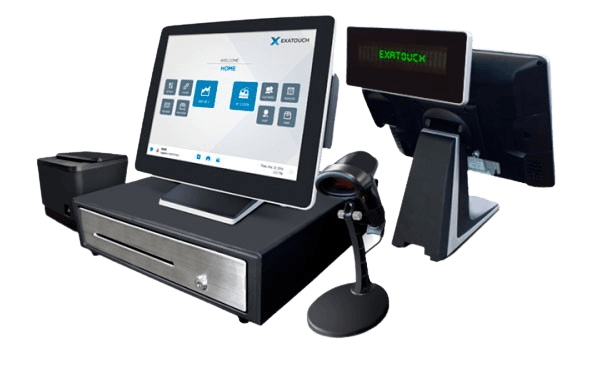 A point of sale hardware setup with a touchscreen terminal, cash drawer, receipt printer, barcode scanner, and customer display
