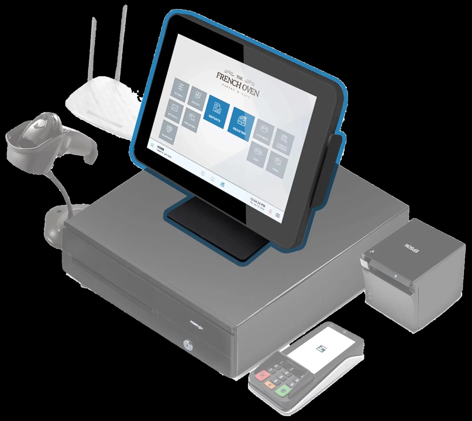 A point of sale hardware bundle with a touchscreen terminal, cash drawer, receipt printer, barcode scanner, and payment terminal