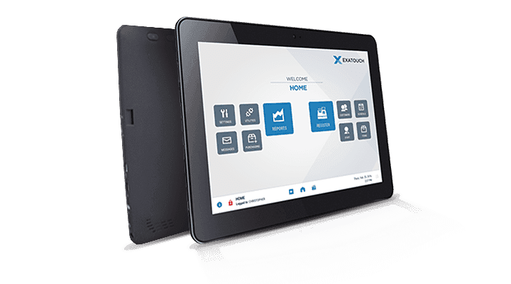 Two tablet-style point of sale terminals, one showing a home screen with app icons and one showing the rear casing